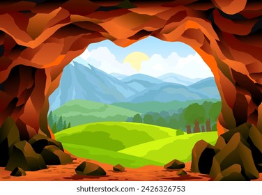 Cave landscape. Summer nature scene of cave entrance. Prehistoric dungeon, rock cavern game illustration. Vector illustration of tunnel in mountain or mine in rocks