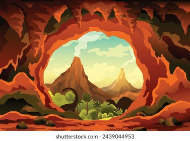 Cave landscape. Summer nature scene of cave entrance. Prehistoric dungeon, rock cavern game illustration. Vector illustration of tunnel in mountain or mine in rocks