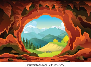 Cave landscape. Summer nature scene of cave entrance. Prehistoric dungeon, rock cavern game illustration. Vector illustration of tunnel in mountain or mine in rocks