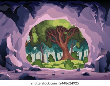 Cave landscape. Summer nature scene of cave entrance. Prehistoric dungeon, rock cavern game illustration. Vector illustration of tunnel in mountain or mine in rocks