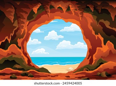 Cave landscape. Summer nature scene of cave entrance. Prehistoric dungeon, rock cavern game illustration. Vector illustration of tunnel in mountain or mine in rocks