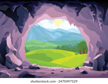 Cave landscape. Summer nature scene of cave entrance. Prehistoric dungeon, rock cavern game illustration. Vector illustration of tunnel in mountain or mine in rocks