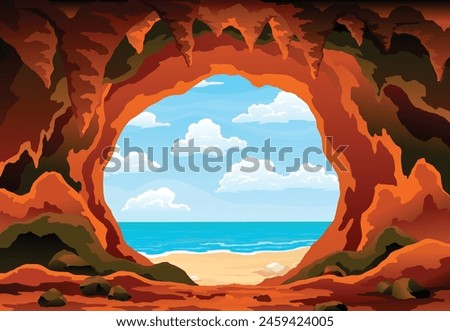 Cave landscape. Summer nature scene of cave entrance. Prehistoric dungeon, rock cavern game illustration. Vector illustration of tunnel in mountain or mine in rocks