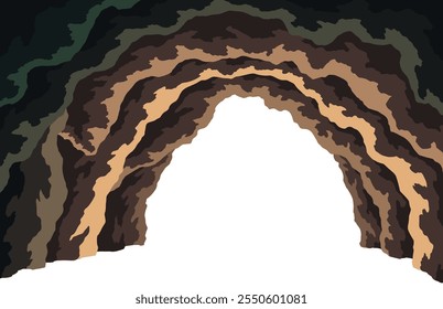 Cave landscape. Underground rocky cave. View through entrance. Exit from cave. Vector cartoon illustration of empty stone cavern. Old grotto inside