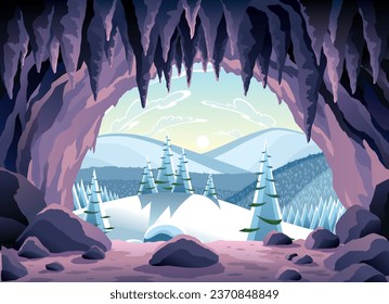 Cave landscape. Winter nature scene of cave entrance. Prehistoric dungeon, rock cavern game illustration. Vector illustration of tunnel in mountain or mine in rocks