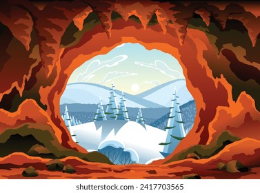 Cave landscape. Winter nature scene of cave entrance. Prehistoric dungeon, rock cavern game illustration. Vector illustration of tunnel in mountain or mine in rocks