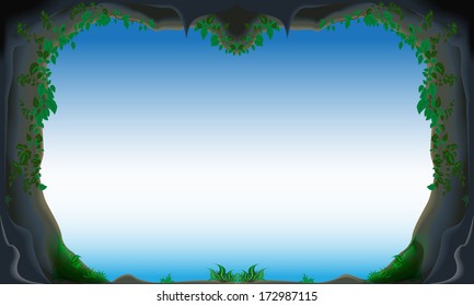 Cave, leaves, view, background. Vector illustration