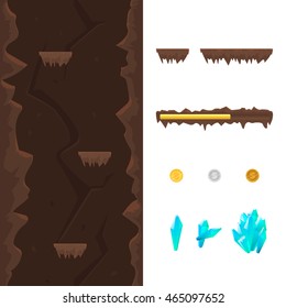 Cave level generator: background, platforms, coins, gems, progress bar. Vector template for game.