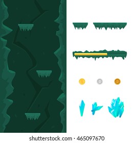 Cave level generator: background, platforms, coins, gems, progress bar. Vector template for game.