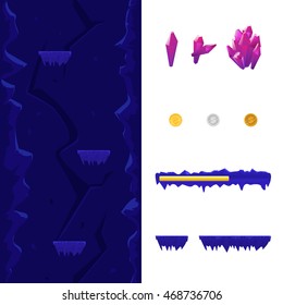 Cave level generator: background, platforms, coins, gems, progress bar. Vector template for game.