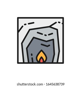 Cave life, fire, hearth, prehistoric home flat color line icon.