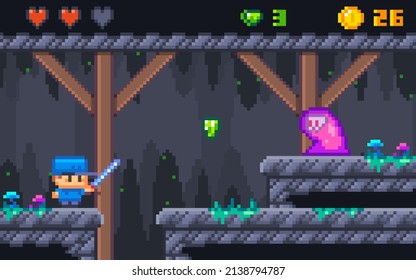 Cave location for a pixel platformer. Mockup includes tile set, parallax background and sprites. The resolution of objects is 16x16 pixels.