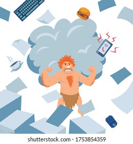Hombre cavernoso enojado trabajador de oficina ilustración vectorial. Una persona sin asignar para trabajar, instinto primitivo. Personajes con taparrabos destruyen el lugar de trabajo, el teclado, el café, el smartphone y la cafetería vuelan a los lados.