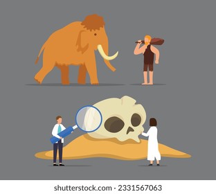 hombre cavernoso con mamut y arqueólogos 2d concepto de ilustración vectorial para banner, sitio web, ilustración, página de aterrizaje, volante, etc.