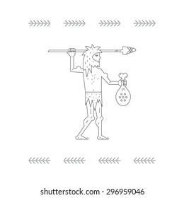 Cave man with mear and arrow - paleo food logo design concept. Vector line style illustration of an ancient male. 