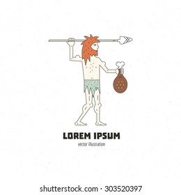 Cave man with meat and arrow - paleo food logo design concept. Vector line style illustration of an ancient male. 