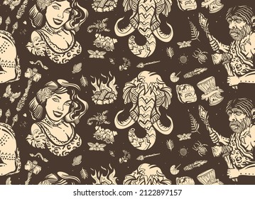 Estilo vectorial del tatuaje de la vieja escuela de cavernas. Antecedentes neolíticos y paleolíticos. Neandertal, mamut de caza, mujer prehistórica.  Patrón sin fisuras de la edad de piedra. Arte de evolución