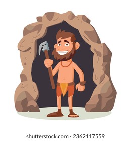 Hombre cavernoso con una herramienta, plantilla de ilustración vectorial de estilo caricatura