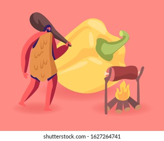 Cave Man Wearing Animal Skin Holding Cudgel on Shoulder Stand near Burning Fire with Frying Meat and Huge Bell Pepper Lying beside. Paleo Diet of People Lived in Past. Cartoon Flat Vector Illustration