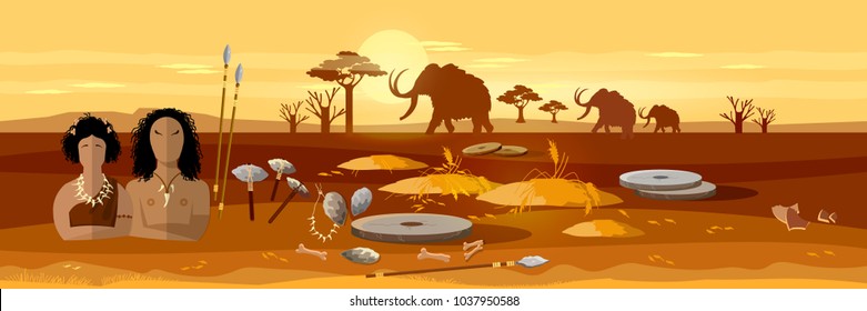 Cave Man And Cave Woman Banner. Neolithic, Paleolith, Mesolith, Beginning Of A Civilization. Caveman Art. Stone Age, Neanderthal Family In A Cave, Prehistoric Tool 