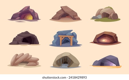 Cave mine. Outdoor entrance in cave with rock or wooden doors exact vector illustration