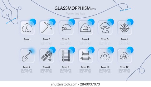Cave mining set icon. Glass frames exhibit rough stone, mining pickaxe, bright flashlight, mine entrance, forest mushroom, spider web, digging shovel, coiled rope, vertical ladder, wooden stairs