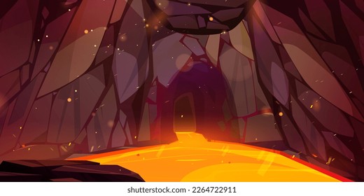 Cave with molten lava and spark game fantasy background. Cartoon vector hell scene with flow of orange volcanic magma. Wallpaper with dark underground mystery tunnel hole entrance in mountain.