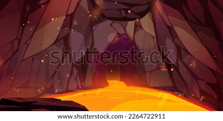 Cave with molten lava and spark game fantasy background. Cartoon vector hell scene with flow of orange volcanic magma. Wallpaper with dark underground mystery tunnel hole entrance in mountain.