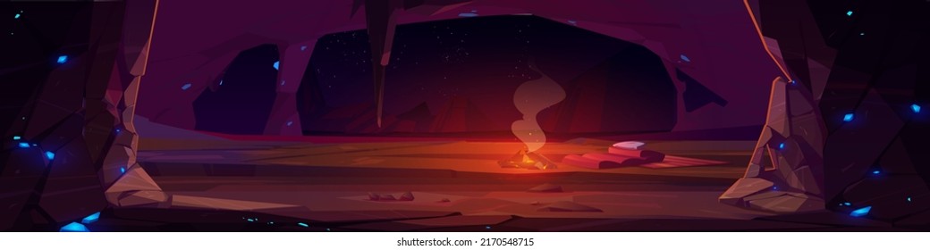 Cave in mountain with campfire and sleeping bag, tourist overnight place. Empty cavern with stalactites and glowing flying sparkles in darkness, panoramic game background. Cartoon vector illustration