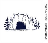 Cave in mountain in engraving style. Hand drawn cartoon illustration