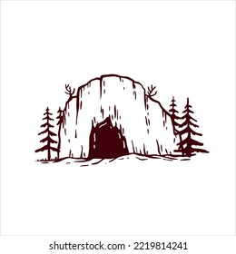 Cave in mountain in engraving style. Hand drawn cartoon illustration