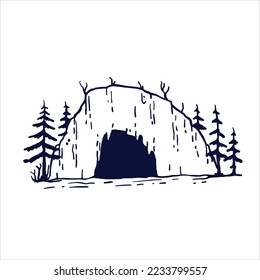 Cave in mountain in engraving style. Hand drawn cartoon illustration