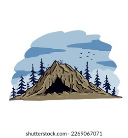 Cave in mountain in engraving style. Hand drawn cartoon illustration