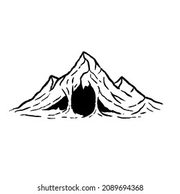 Cave in mountain with stalactites in engraving style. Drawing for map or fairy tale. Hand drawn cartoon illustration