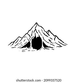 Cave in mountain with stalactites in engraving style. Drawing for map or fairy tale. Hand drawn cartoon illustration