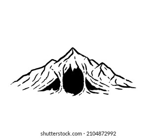 Cave in mountain with stalactites in engraving style. Drawing for map or fairy tale. Hand drawn cartoon illustration