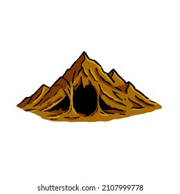 Cave in mountain with stalactites in engraving style. Drawing for map or fairy tale. Hand drawn cartoon illustration