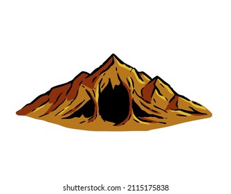 Cave in mountain with stalactites in engraving style. Drawing for map or fairy tale. Hand drawn cartoon illustration