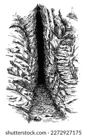 Cave in mountain or stone in hand drawn sketch style. Vintage monochrome nature composition isolated on white background. Vector grayscale retro illustration.