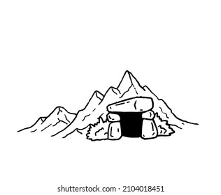 Cave in mountains  Entrance to dungeon  Fantasy location mine  Outline cartoon hand drawn illustration for book   game
