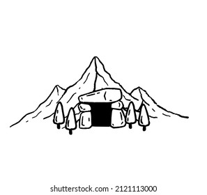 Cave in mountains. Entrance to dungeon. Fantasy location of mine. Outline cartoon hand drawn illustration for book and game