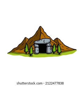 Cave in mountains. Entrance to dungeon. Fantasy location of mine. Outline cartoon hand drawn illustration for book and game