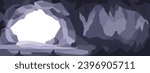 Cave in the mountains with an exit to the outside, flat vector illustration. Underground cave or cavern backdrop with tunnel and view from entrance outside.