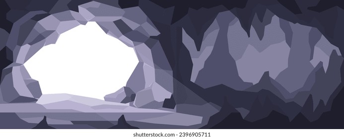 Cave in the mountains with an exit to the outside, flat vector illustration. Underground cave or cavern backdrop with tunnel and view from entrance outside.