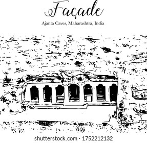 Cave No. 1 : General View of the Facade. Ajanta, Maharashtra.