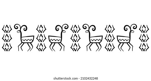 Cave ornament with wild animals. Hand drawn vector Horizontal border with deers.