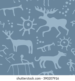 Cave painting animals silhouettes vector seamless pattern