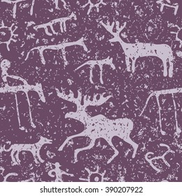 Cave painting animals silhouettes vector seamless pattern