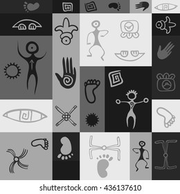 Cave painting black white vector pattern. Ancient stone art ornament.