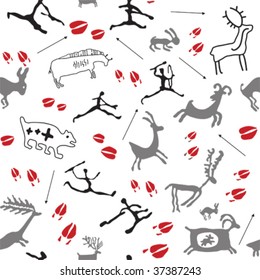 Cave Painting Hunters and Animals. Vector seamless silhouette wallpaper  based on cave paintings.